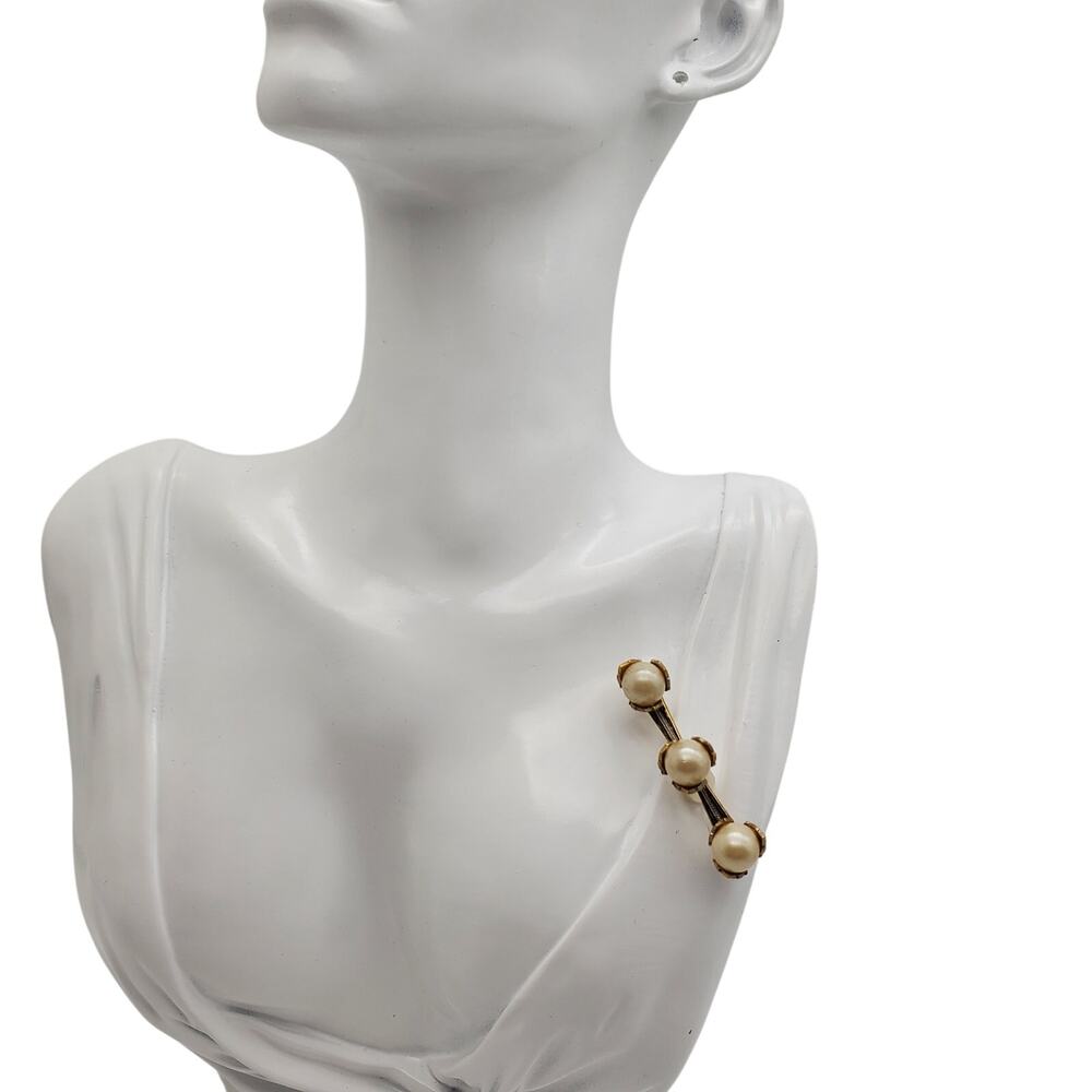 Damascene Faux Pearl Brooch Bar‎ Pin Gold Tone Black Enamel Tulip Flower Vintage